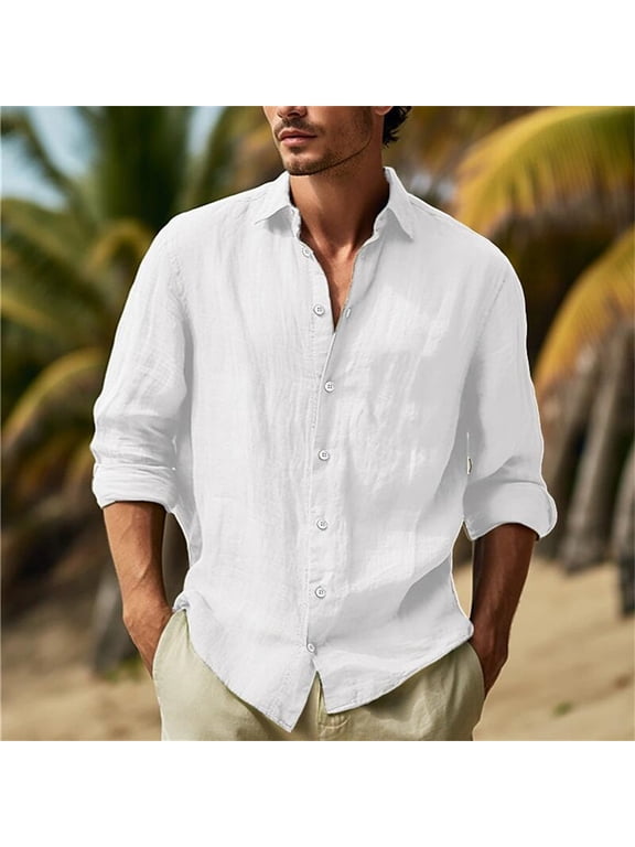 Men's Linen Shirts Long Sleeve Button down Lapel Collar Regular Fitted Shirt Casual Summer Beach Shirts