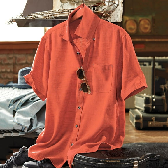 lmcalzta Mens Button down Shirts Short Sleeve Linen Cotton Tee Shirts Casual Summer Beach Shirts with Pockets