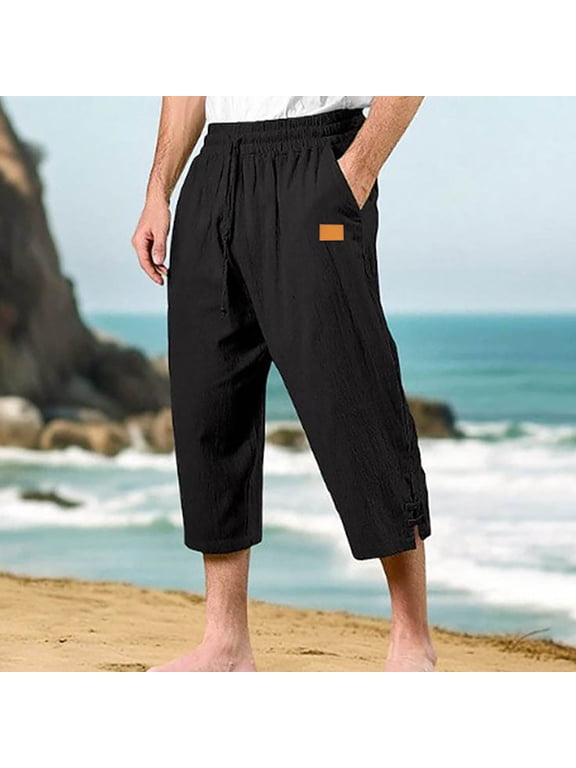 Mens Capri Pants Cotton Linen Drawstring Elastic Waist Summer Beach Athletic Pants Comfy Lounge Trousers(S-3XL)