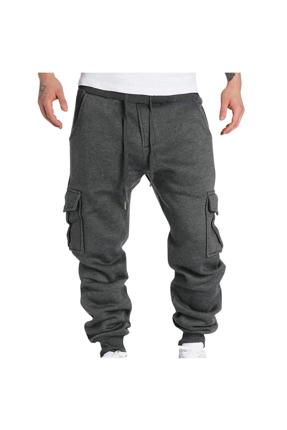 Mens Cargo Pants Fleece Lined Drawstring Elastic Waisted Joggers With Multi Pockets Oversized Trendy Casual Trousers