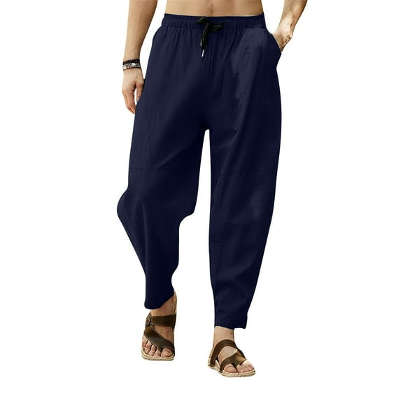 lmcalzta Mens Casual Linen Pants Loose Fitted Elastic Drawstring Waist Straight Legs Summer Yoga Beach Long Pants
