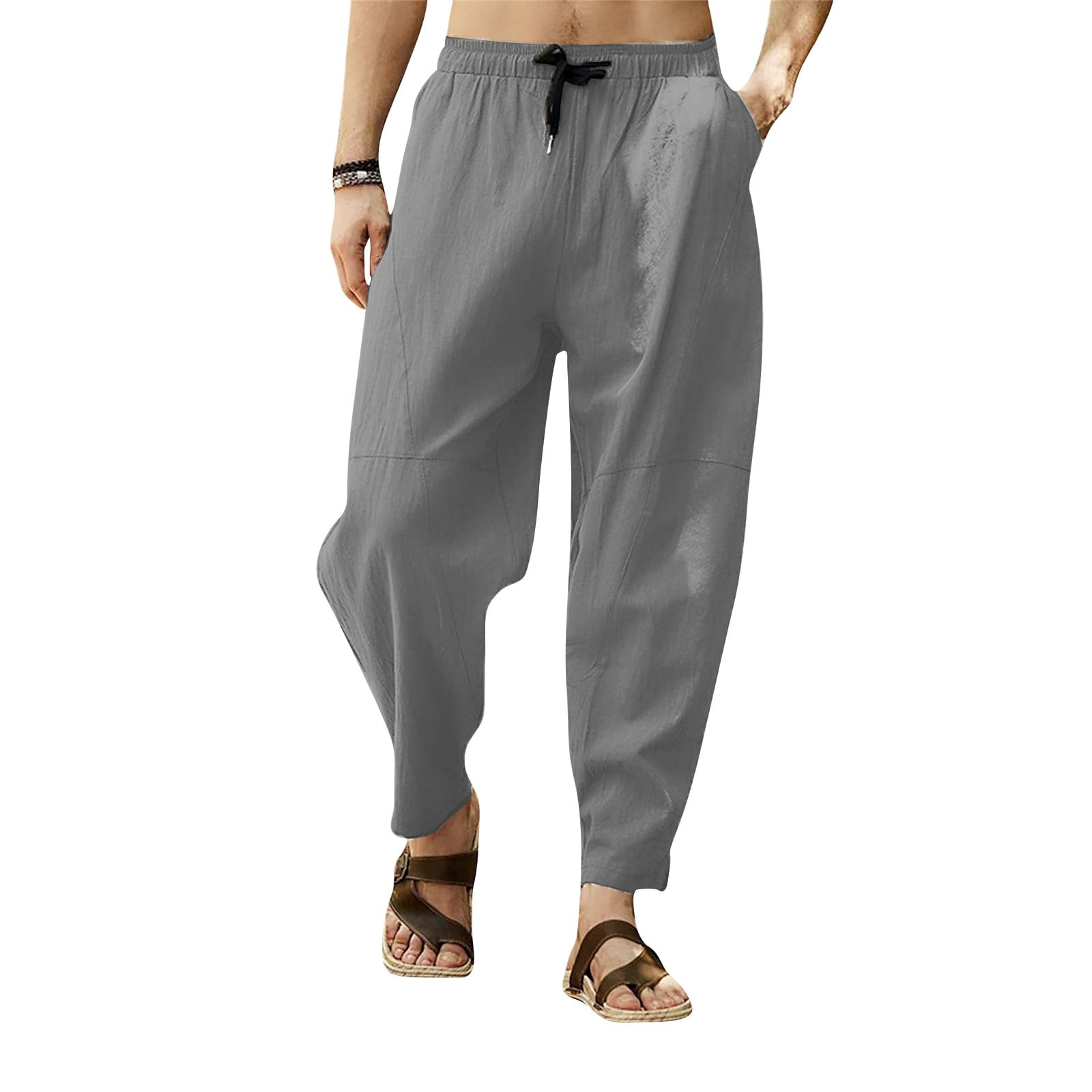 Chiccall Mens Casual Cotton Linen Pants Solid Loose Fit Drawstring Elastic Waist Breathable Straight-Legs Summer Yoga Beach Long Pants - View #10