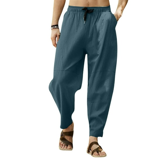 lmcalzta Mens Casual Linen Pants Loose Fitted Elastic Drawstring Waist Straight Legs Summer Yoga Beach Long Pants