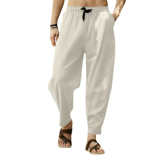 lmcalzta Mens Casual Linen Pants Loose Fitted Elastic Drawstring Waist Straight Legs Summer Yoga Beach Long Pants