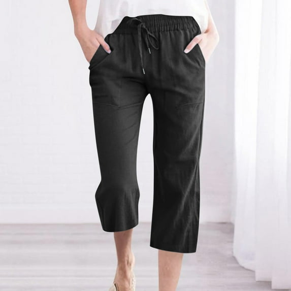 lmcalzta Capris Pants for Women Cotton Linen Casual Summer 2025 Straight Wide Leg Loose Drawstring Elastic Waist Cropped Trouser