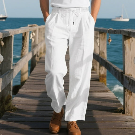 lmcalzta Mens Cotton Linen Pants Drawstring Elastic Waist Casual Loose Lightweight Breathable Summer Beach Trousers with Pockets