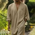 thumbnail image 1 of lmcalzta Mens Cotton Linen Shirts Oversized 3/4 Sleeve Loose Fitted Lightweight V Neck Beach Tee Shirts, 1 of 6