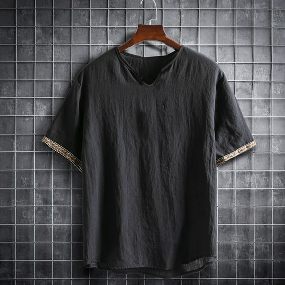 lmcalzta Mens Crew Linen T Shirts Short Sleeve Casual V Neck Breathable Lounge Tshirts Tops(M-5XL)