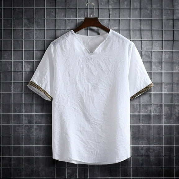 lmcalzta Mens Crew Linen T Shirts Short Sleeve Casual V Neck Breathable Lounge Tshirts Tops(M-5XL)