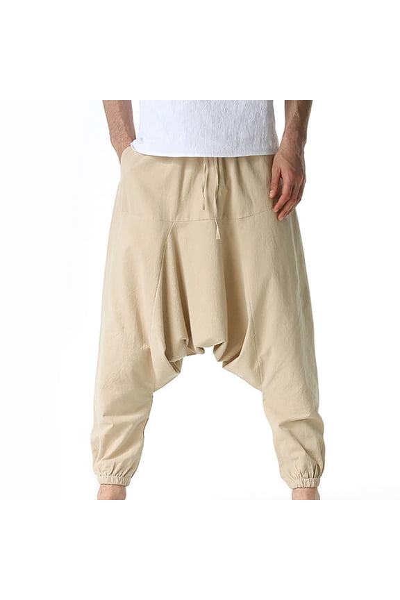 Mens Harem Pants with Pockets Hippie Linen Drawstring Loose Stretchy Waist Yoga Casual Drop Crotch Trousers