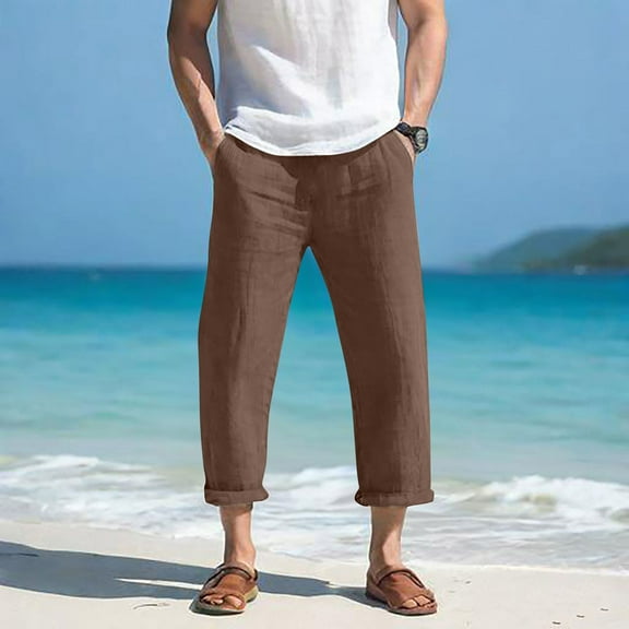lmcalzta Mens Linen Capris Plus Size Elastic Waisted Casual Pants with Pockets Beach Summer Trousers