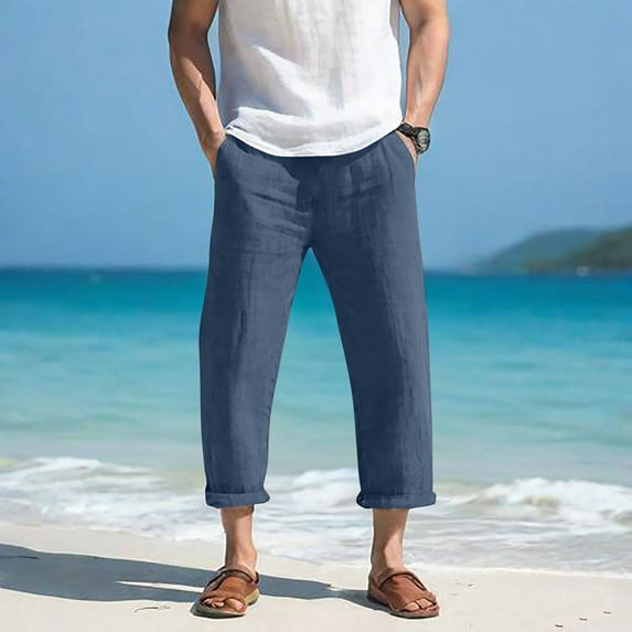 lmcalzta Mens Linen Capris Plus Size Elastic Waisted Casual Pants with Pockets Beach Summer Trousers