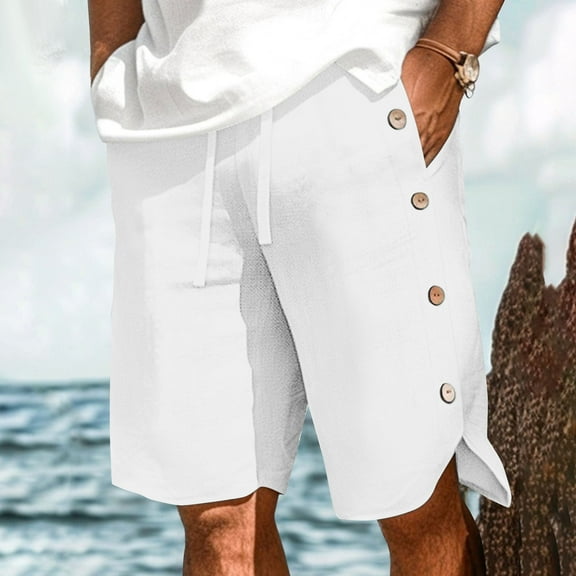 lmcalzta Mens Linen Cotton Shorts Casual Drawstring Elastic Waistband Loose Lightweight Summer Beach Shorts