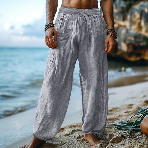 lmcalzta Mens Linen Pants Casual Cotton Lightweight Drawstring with Pockets Comfy Beach Pants with Pockets