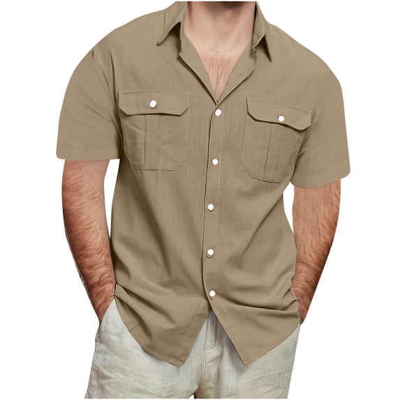 lmcalzta Mens Linen T Shirts Button down Short Sleeve Classic T-Shirts Summer Beach Vacation Basic Tees