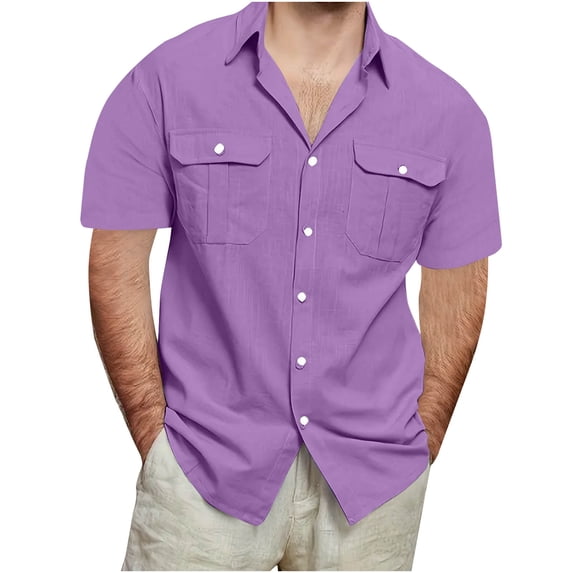 lmcalzta Mens Linen T Shirts Button down Short Sleeve Classic T-Shirts Summer Beach Vacation Basic Tees