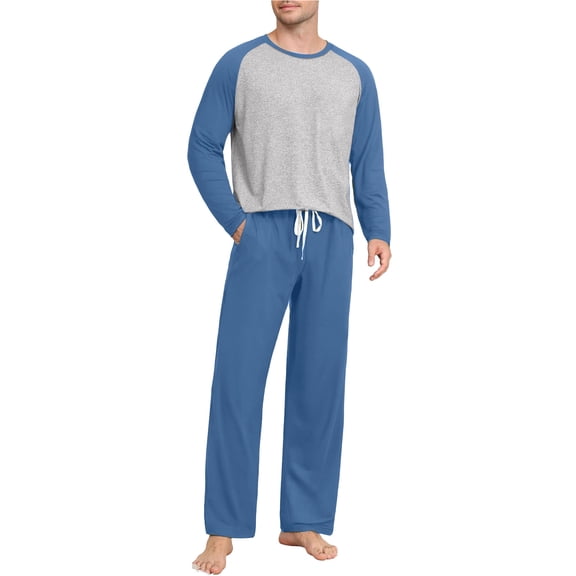 lmcalzta Mens Pajama Set Soft Cotton Pjs Long Sleeve Pullover Sleepwear Loungewear Set with Elastic Waist