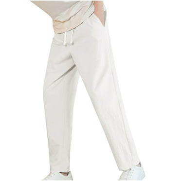 lmcalzta Mens Pants Plus Size Straight Leg Drawstring Elastic Waisted Cotton Linen Pants With Pockets Fall Winter Causal Loose Trousers