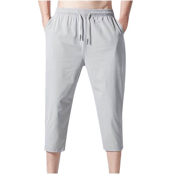 lmcalzta Mens Quick Dry Capri Pants Drawstring Elastic Waist Lightweight Breathable Sweatpants with Pockets