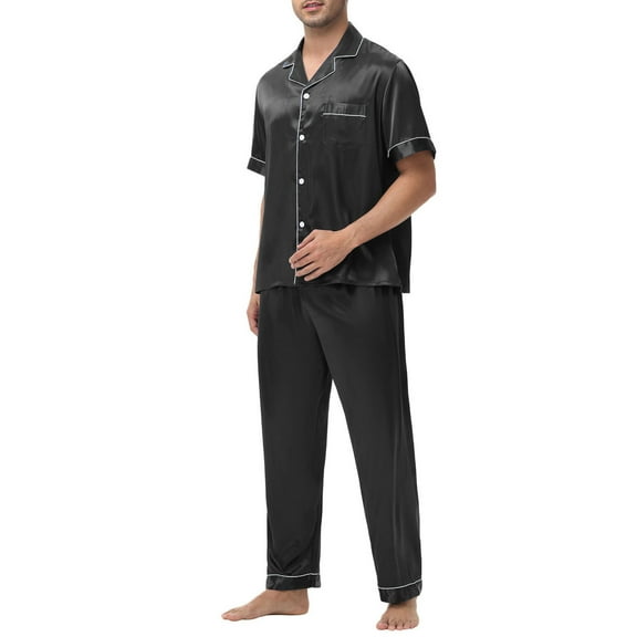 lmcalzta Mens Satin Silk Pajamas Sets Short Sleeve Sleepwear Button-Down Pjs Sets 2 Piece Loungewear with Pockets