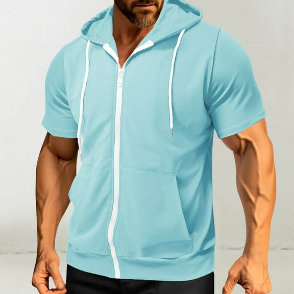 lmcalzta Mens Short Sleeve Hoodies Full Zip up Workout Running Athletic Jackets with Kanga Pockets