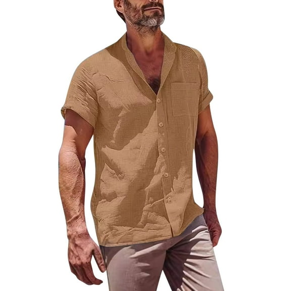 lmcalzta Mens Short Sleeve Linen Shirts Button down Casual Tops Summer 2025 Beach Shirts with Pockets