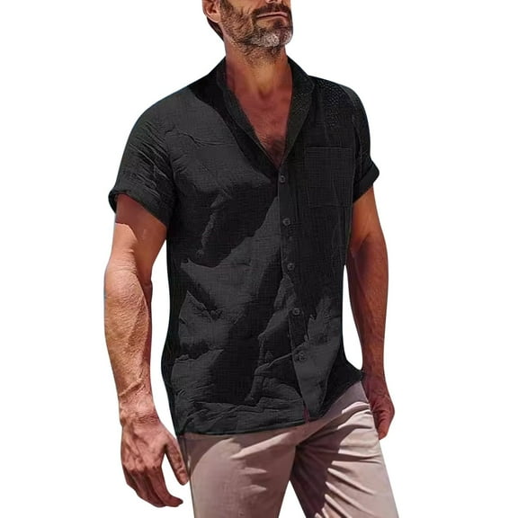 lmcalzta Mens Short Sleeve Linen Shirts Button down Casual Tops Summer 2025 Beach Shirts with Pockets