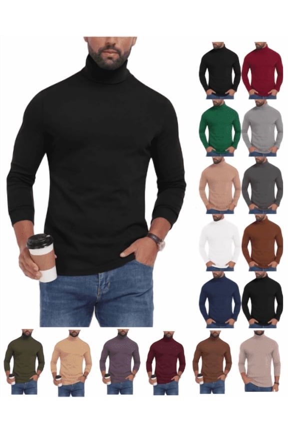 Mens Turtleneck Shirts Long Sleeve Cotton Pullover Sweaters Mock Neck Knitted T-Shirt Basic Slim Fitted Tops