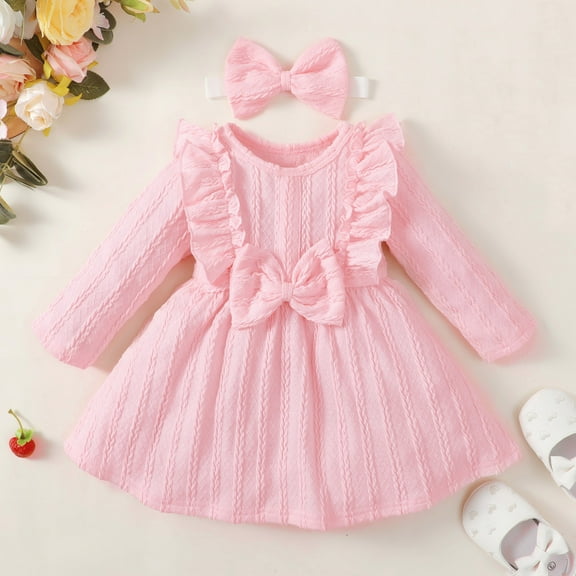 lmcalzta Newborn Baby Girls Clothes Jumpsuits Long Sleeve Crewneck with Headband Solid Color Knitted Rompers Ruffled Dress for Infant