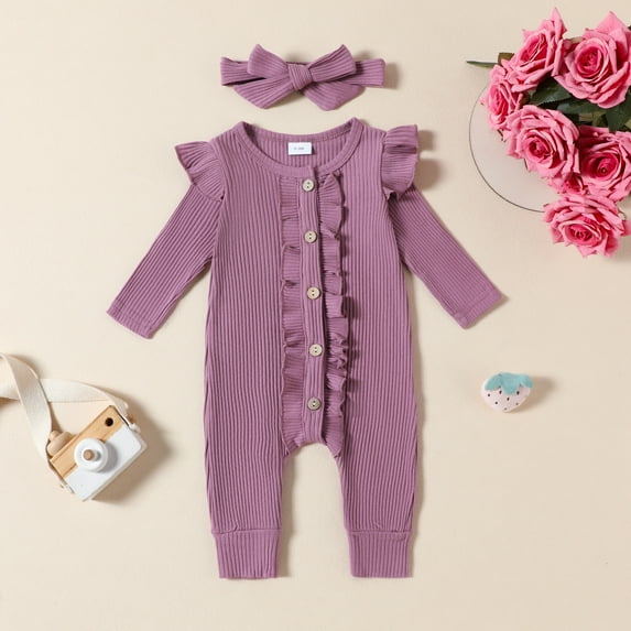 lmcalzta Newborn Girls Clothes Jumpsuits with Hat Knitted Toddler Rompers Long Sleeve Button up Crewneck Bodysuits Solid Color