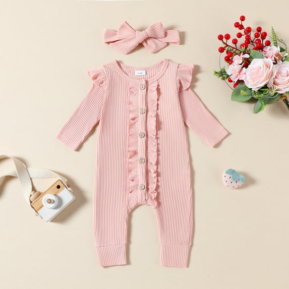 lmcalzta Newborn Girls Clothes Jumpsuits with Hat Knitted Toddler Rompers Long Sleeve Button up Crewneck Bodysuits Solid Color