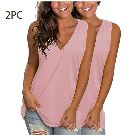 lmcalzta Packs of 2 Womens Tank Tops Loose Fitted V Neck Solid Color Sleeveless Shirts Trendy 2025 Summer Casual Tanks