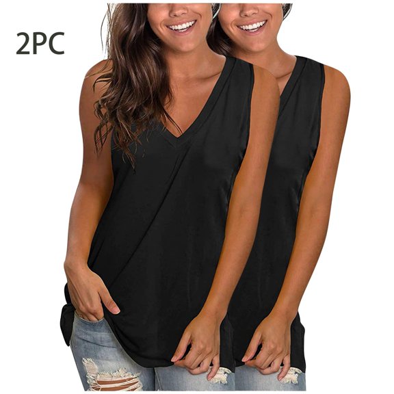 lmcalzta Packs of 2 Womens Tank Tops Loose Fitted V Neck Solid Color Sleeveless Shirts Trendy 2025 Summer Casual Tanks