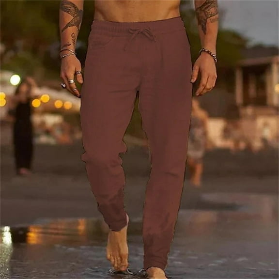 lmcalzta Pants for Men Drawstring Elastic Relaxed Fitted Fall Beach Trousers with Pockets Casual Vacation Lightweight Pants