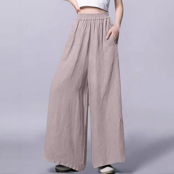 lmcalzta Pants for Women Wide Leg Elastic High Waist Loose Fitted Casual Trousers Fall Trendy Solid Color Baggy Pants with Pockets