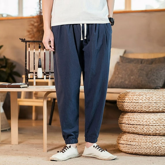 lmcalzta Plus Size Linen Joggers Pants for Men Drawstring Elastic Waisted Trousers with Pockets Casual Beach Summer Pants