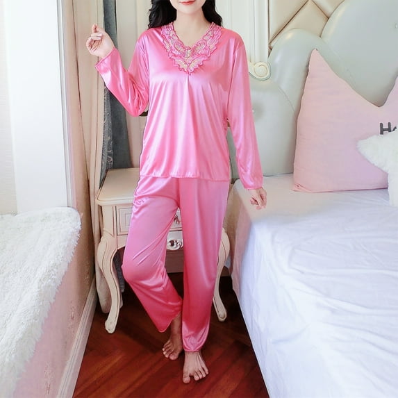 lmcalzta Plus Size Women's Satin Silky Pajama Sets Long Sleeve Shirts V Neck Pant Soft Breathable Loungewear