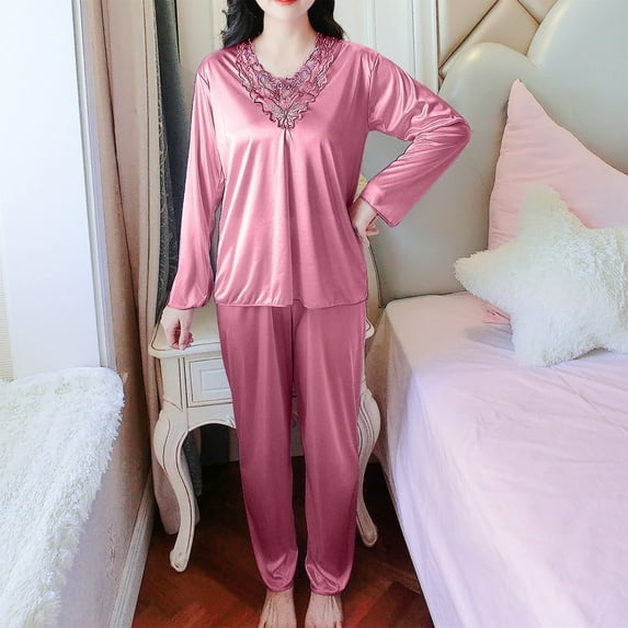 lmcalzta Plus Size Women's Satin Silky Pajama Sets Long Sleeve Shirts V Neck Pant Soft Breathable Loungewear