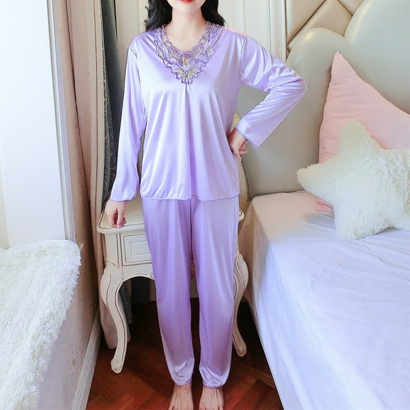 lmcalzta Plus Size Women's Satin Silky Pajama Sets Long Sleeve Shirts V Neck Pant Soft Breathable Loungewear