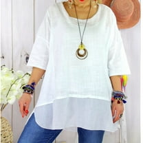 lmcalzta Plus Size Womens 3/4 Sleeve Tops Linen Crew Neck Loose Fitting Lightweight T Shirts Summer Casual Trendy Outfits