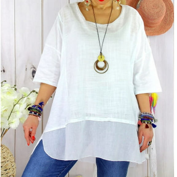 lmcalzta Plus Size Womens 3/4 Sleeve Tops Linen Crew Neck Loose Fitting Lightweight T Shirts Summer Casual Trendy Outfits