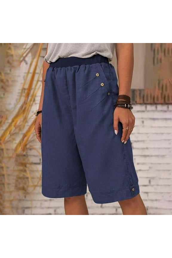 Plus Size Womens Capris Pants Elastic High Waist Loose Summer Linen Shorts Beach Casual