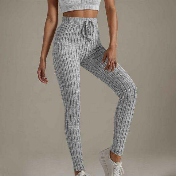 lmcalzta Ribbed Knit Pants for Women Elastic High Waist Drawstring Leggings for Women Casual Yoga Trousers