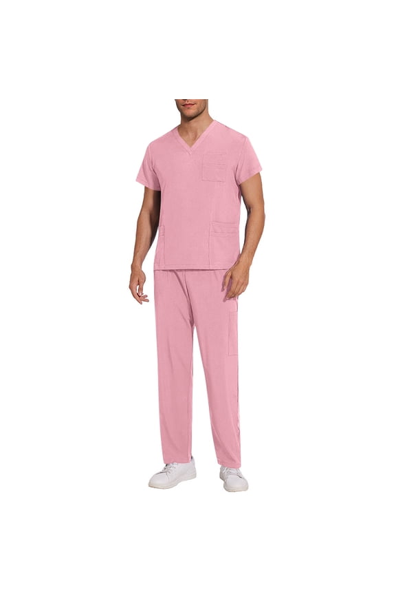 Scrubs Sets for Men Short Sleeve Tshirts and Pants with Pockets Summer Solid 2 Piece Outfits