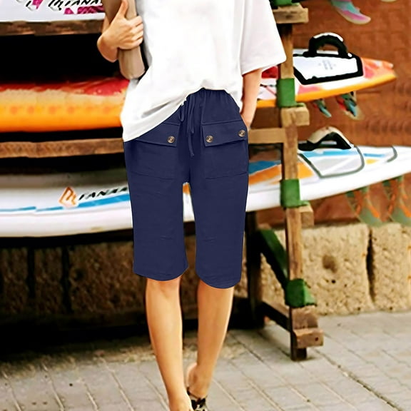 lmcalzta Shorts for Women Drawstring Mid Waisted Straight Leg Fitting Pants Multi Pockets Trendy 2024