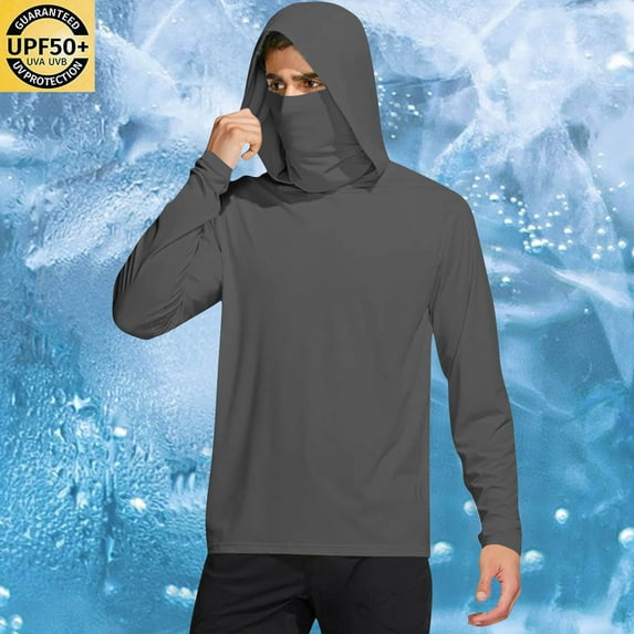 lmcalzta Sun Protection Shirts for Men with Hood Long Sleeve Lightweight Tees with Masks Fishing Hoodie