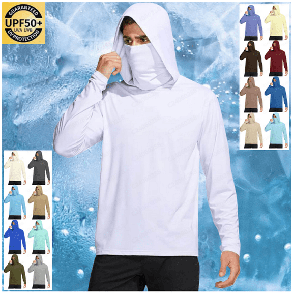 lmcalzta Sun Protection Shirts for Men with Hood Long Sleeve Lightweight Tees with Masks Fishing Hoodie