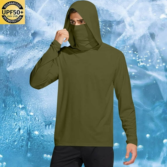 lmcalzta Sun Protection Shirts for Men with Hood Long Sleeve Lightweight Tees with Masks Fishing Hoodie