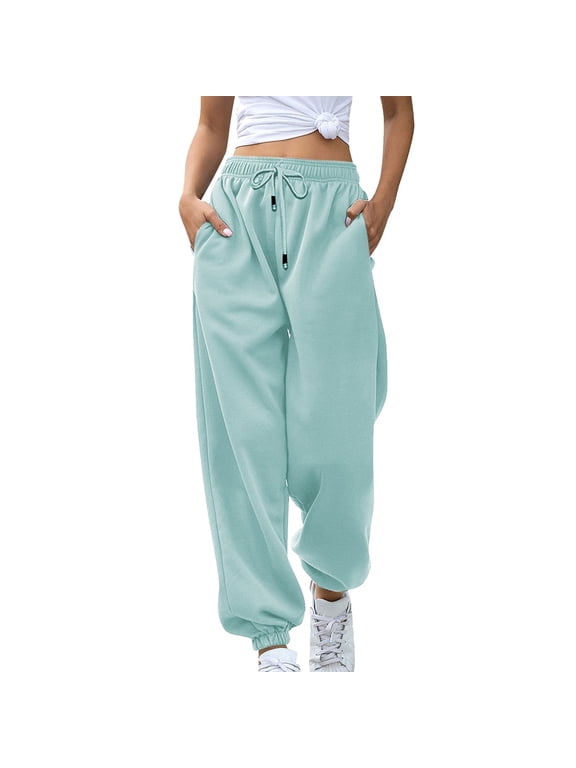Sweatpants for Women Trendy Drawstring High Waisted Loose Joggers with Pockets Fall Winter Comfy Fleece Workout Gym Running Trousers