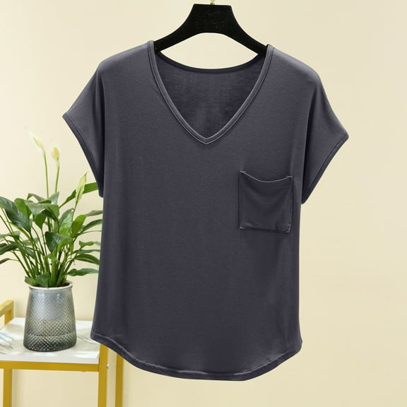 lmcalzta T Shirts for Women V Neck Loose Fitting Short Sleece Shirts Summer Comfy Soft Lightweight Pajama Tops Sleepwear